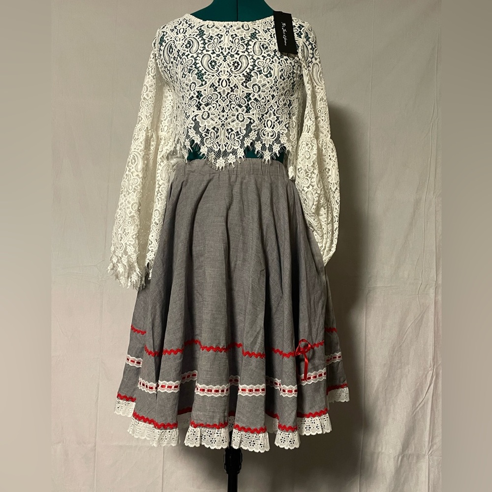 Jeri bee true vintage square dancing swing skirt lace pockets ribbon gray denim